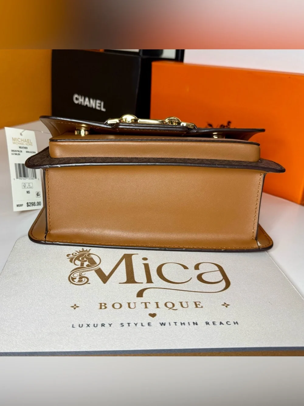 🆕MICHAEL KORS Ladies Heather Extra-Small Logo Leather Crossbody Bag Brown/Acorn